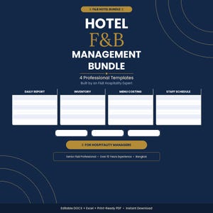 Peut inclure: Graphique bleu marine avec du texte doré annonçant un ensemble de gestion hôtelière F&B. Le texte comprend "Hotel F&B Management Bundle", "4 Professional Templates" et des noms de modèles.
