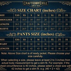 Puede incluir: Una tabla de tallas azul marino para chaquetas y pantalones, con medidas en pulgadas. La tabla incluye tallas de XXS a 4X, detallando medidas de hombro, largo y manga para chaquetas, y cintura y largo para pantalones. El texto "CRAFTEDBYEXILE SINCE 2024" est&aacute; en la parte superior.
