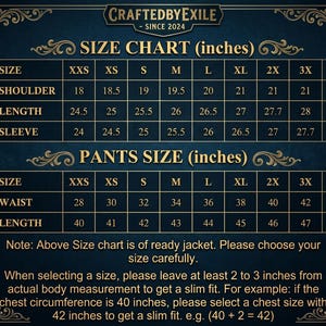 Puede incluir: Una tabla de tallas azul marino para chaquetas y pantalones, con medidas en pulgadas. La tabla incluye tallas de XXS a 4X, detallando las medidas de hombro, largo y manga para chaquetas, y cintura y largo para pantalones. El texto "CRAFTEDBYEXILE SINCE 2024" est&aacute; en la parte superior.