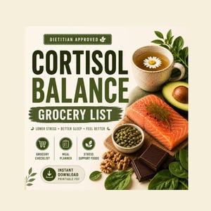 Lista de la compra para equilibrar el cortisol (PDF) / Planificador de comidas para el manejo del estrés / Guía del dietista