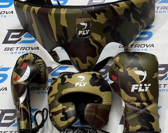 Personalized FLY Original Camo Genuine Leather Boxing Set Gloves, Head Gear, Groin Protector (Customized Camo Colors)