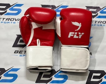 FLY  Genuine Cowhide Leather Boxing, Fighting & Sparring Gloves, Wrist Strap gloves Red and White Color Gloves