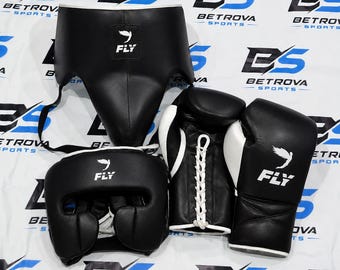 Genuine Cowhide Leather Hand Made Fly Boxing Set - Sparring Gloves - Headgear - Groin Guard Training