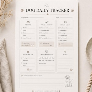 Peut inclure: Une feuille de suivi quotidien pour chien beige avec des sections pour l'alimentation, les promenades, la santé, les besoins, l'humeur et les notes. Comprend une illustration de chien et le texte "A Happy Dog Makes a Happy Home."