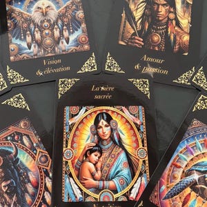 May include: A collection of oracle cards with detailed illustrations. The cards feature images of an eagle, a Native American warrior, a mother and child, and a bison. Each card has text in French, including "Vision & elevation" and "Nutrition & protection."