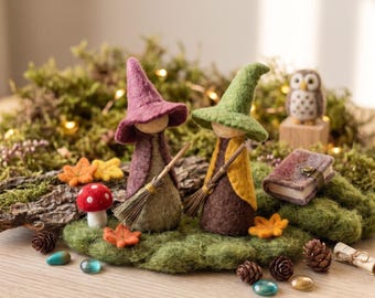 Handmade Felt Witch Figurine Forest Witch Decor Cute Witch Gift for Kids Room Whimsical Desktop Ornament Custom Card Included Small Gift