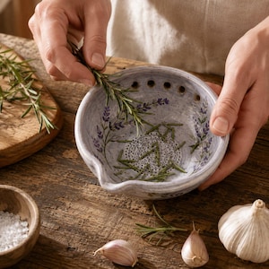 Puede incluir: Un cuenco de cerámica de color morado claro para deshojar hierbas, con acabado moteado y ramitas de lavanda pintadas. El cuenco tiene una serie de orificios circulares en el borde y un centro texturizado para quitar hojas de los tallos.