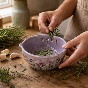 Puede incluir: Un cuenco de cerámica color lavanda para deshojar hierbas con un patrón floral en el exterior y una serie de pequeños orificios circulares a lo largo del borde superior para quitar las hojas de los tallos, con romero fresco dentro.