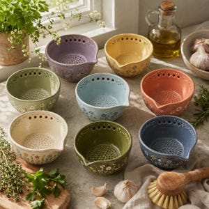 Può includere: Una collezione di otto ciotole in ceramica per frutti di bosco in vari colori, tra cui viola, giallo, verde, blu e arancione. Ogni ciotola presenta una base grattugia testurizzata, un piccolo beccuccio e una serie di fori di drenaggio.
