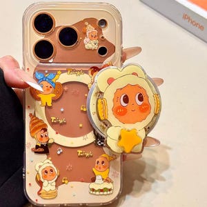 Cute Cartoon Twinkle Bear Clear Phone Case with Detachable PopSocket Stand for iPhone 17/16/15 Pro Max,Kawaii Protective Cover,Fully Magsafe