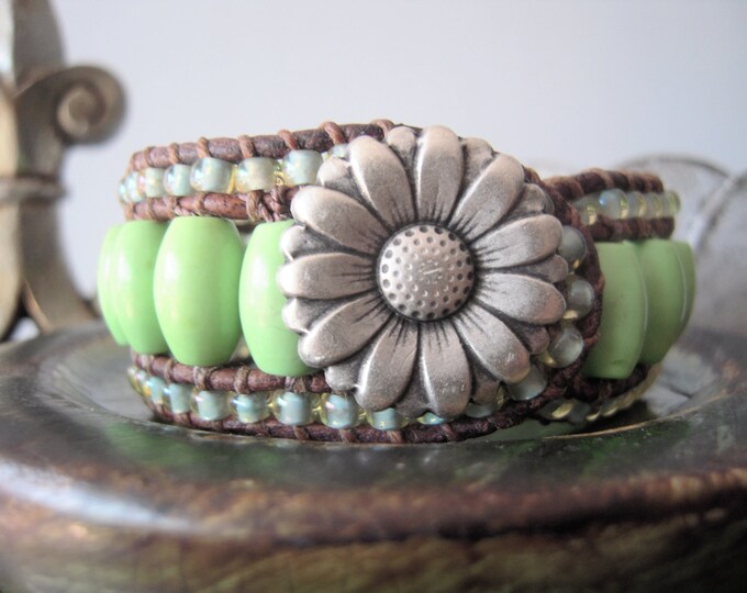 Green Leather Wrap Bracelet, Cuff Bracelet, Cottage Chic, Simply Shabby