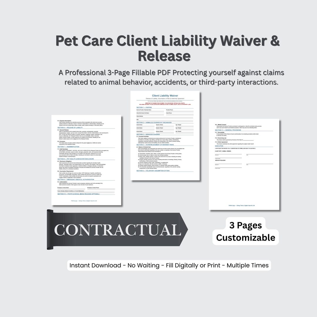 Pet Care Liability Waiver, Dog Walker Contract, Trainer Release Form ...