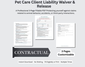Exención de responsabilidad por cuidado de mascotas, contrato de paseador de perros, formulario de autorización del entrenador, PDF sobre cuidado de animales