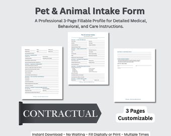 Formulario de admisión de mascotas y animales, Hoja de admisión de rescate, Inscripción en guardería canina profesional, Registro del refugio en PDF