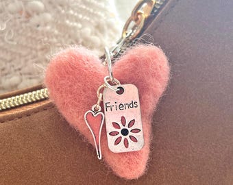 Felt Purse Charm with Silver Heart and Friends Charm – Handmade Bag Accessory