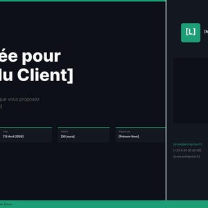 May include: A dark teal presentation template with white text. The title reads "Prepared for [Client Name]" in large font. Below, a brief description is requested. The document includes a reference number, date, and duration.