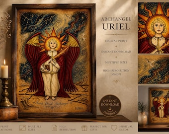 Archangel Uriel Art Print – Medieval Angel Illustration – Spiritual Wall Art – Christian Mystical Decor – Sacred Art Printable – Instant Dow