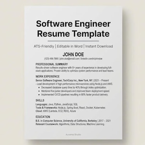 Modèle de CV d'ingénieur logiciel convivial ATS | CV Word modifiable (téléchargement instantané)