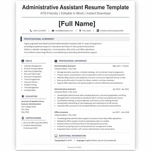 Pode incluir: Um modelo de currículo para assistente administrativo em preto e branco com seções para resumo profissional, habilidades, experiência, educação e certificações. O documento inclui espaços reservados para informações de contato.