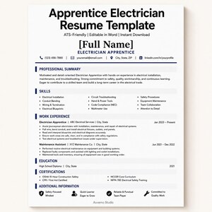May include: An Apprentice Electrician Resume Template document with black text on a white background. It includes sections for professional summary, skills, work experience, education, certifications, and additional information with contact placeholders.