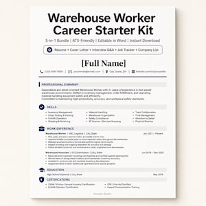 May include: A black and white Warehouse Worker Career Starter Kit document template featuring sections for professional summary, skills, work experience, education, and certifications. The layout includes placeholders for contact information and job history details.