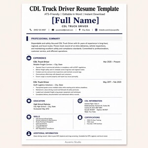 Könnte beinhalten: Eine Lebenslaufvorlage für CDL-LKW-Fahrer mit Abschnitten für berufliche Zusammenfassung, Erfahrung, Ausbildung, CDL-Informationen, Fähigkeiten und Zertifizierungen. Das Layout enthält Platzhalter für Kontaktdaten und den beruflichen Werdegang.