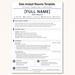 Data Analyst Resume Template | ATS-Friendly, Editable Word CV (Instant Download)