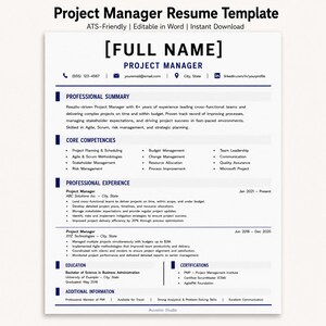 May include: A white Project Manager CV template with dark blue text and headers. It includes sections for professional summary, core competencies, experience, education, and certifications. The layout features contact icons and bulleted lists.