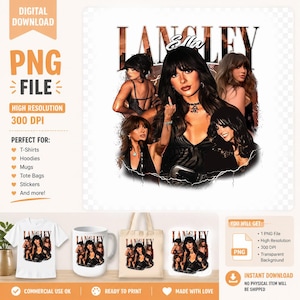 Puede incluir: Descarga digital de archivo PNG con un collage de imágenes de una mujer, con el nombre "Langley" en fuente marrón. La imagen es de alta resolución, 300 DPI, y adecuada para camisetas, sudaderas con capucha, tazas, bolsas de mano y pegatinas.