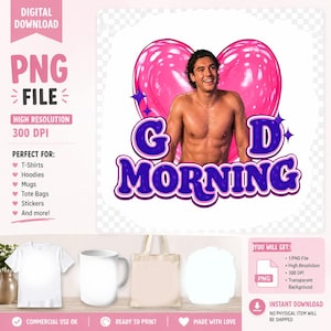 Peut inclure: Un design graphique numérique représentant un homme torse nu devant un grand cœur rose brillant. Sous la silhouette, le texte "GOOD MORNING" est écrit dans une police à bulles violette et audacieuse avec un contour blanc et des étoiles.