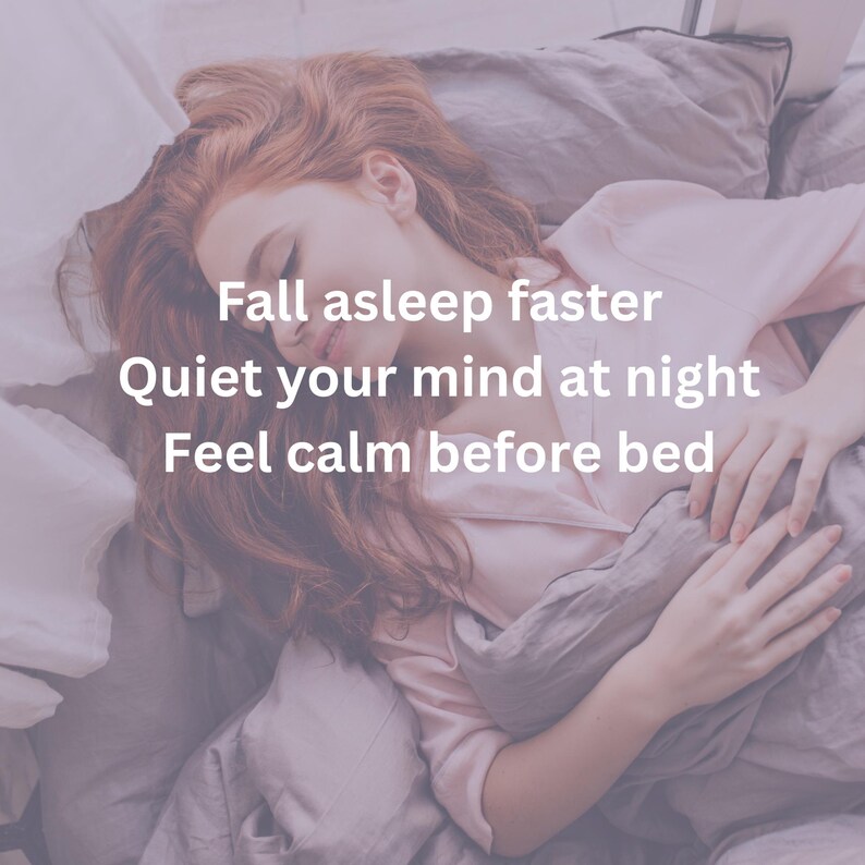 May include: A person lying in bed, covered with a gray blanket and pillow. The person is wearing a pink shirt. Text on the image reads: "Fall asleep faster, Quiet your mind at night, Feel calm before bed."