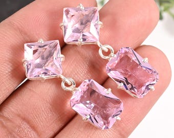 Minimalist Pink Topaz Earrings, 925 Sterling Silver Dangle Stud, Unique Bohemian Jewelry, Anniversary Gift