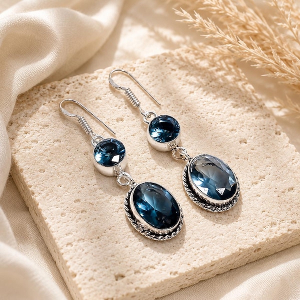 London Blue Topaz Earrings, 925 Sterling Silver Dangle Stud, Unique Bohemian Jewelry, Anniversary Gift