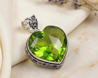 Heart Green Peridot Pendant Necklace, 925 Sterling Silver Necklace, Unique Bohemian Jewelry, Anniversary Gift