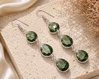Handmade Green Peridot Earrings, 925 Sterling Silver Dangle Drop Stud, Unique Bohemian Jewelry.