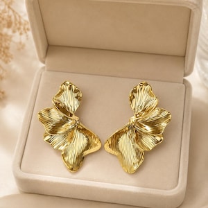 Large Gold Sculptural Flower Earrings, Textured Petal Statement Wedding Jewelry