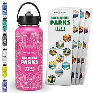 May include: A pink water bottle with a black lid and handle, featuring a white graphic of National Parks USA and park illustrations. Several sticker sheets with hexagonal park images are displayed next to the bottle. Additional water bottles in various colors are shown.