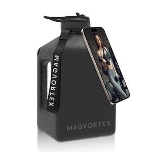 May include: Black water bottle with a handle and a black strap with white text that reads "XЭTЯOVЭAM". A smartphone is attached to the bottle, displaying a woman working out. The bottle has the text "MAGVORTEX" on the front.