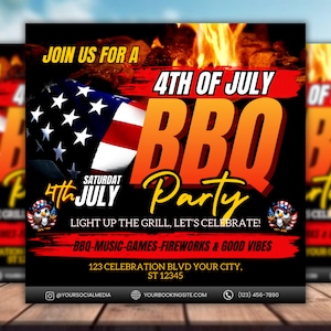 4th Of July BBQ Flyer, Independence Day BBQ Barbeque Flyer, July Fourth Food Friend and Firework, Party In USA Flyer, Editable Canva