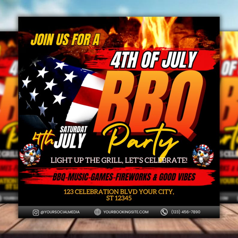 4th Of July BBQ Flyer, Independence Day BBQ Barbeque Flyer, July Fourth Food Friend and Firework, Party In USA Flyer, Editable Canva