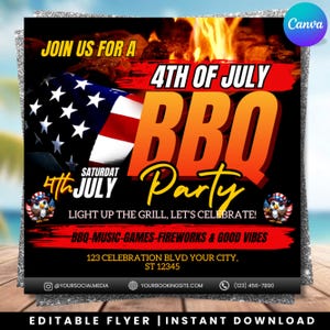 4th Of July BBQ Flyer, Independence Day BBQ Barbeque Flyer, July Fourth Food Friend and Firework, Party In USA Flyer, Editable Canva