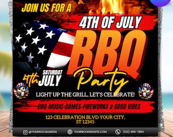 4th Of July BBQ Flyer, Independence Day BBQ Barbeque Flyer, July Fourth Food Friend and Firework, Party In USA Flyer, Editable Canva
