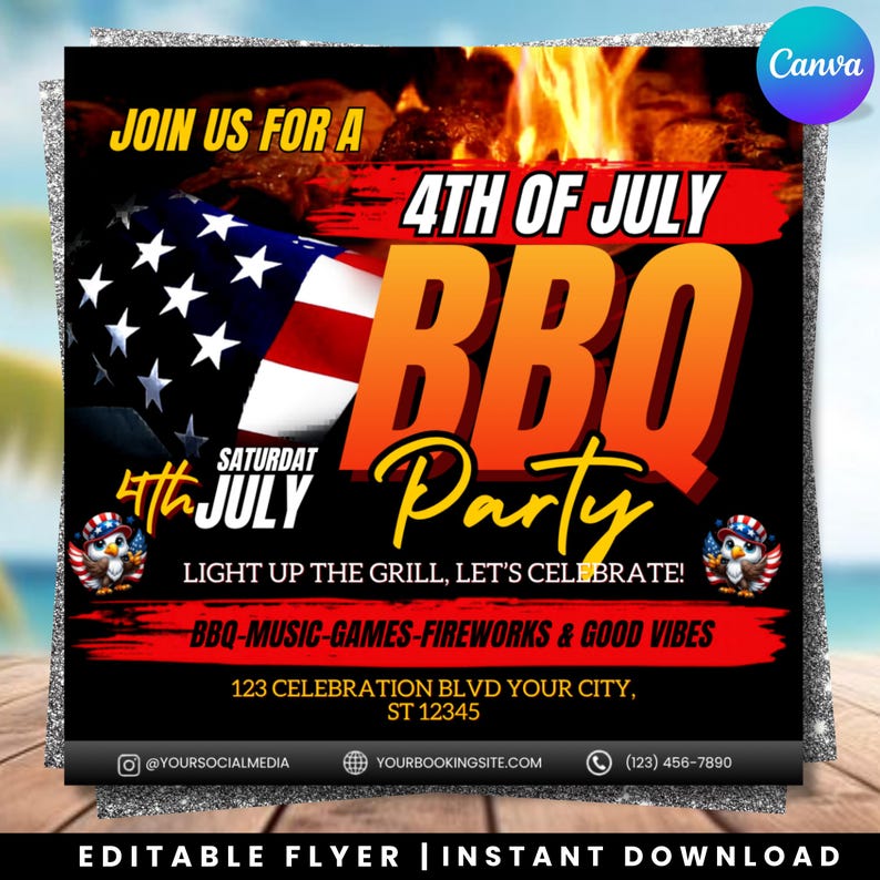 4th Of July BBQ Flyer, Independence Day BBQ Barbeque Flyer, July Fourth Food Friend and Firework, Party In USA Flyer, Editable Canva