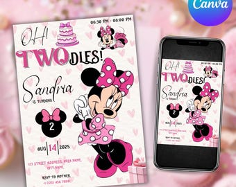Editable Oh TWOdles Birthday Invitation Digital 2nd Birthday Cute Mouse Second Birthday Invite Oh Twodles Invitation, Canva Editable