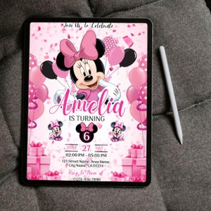 Editable Minnie Mouse Birthday Invitation, Pink Girl Party Invite, Kids Birthday Invite, Minnie Mouse Birthday, Six Birthday, Canva Editable
