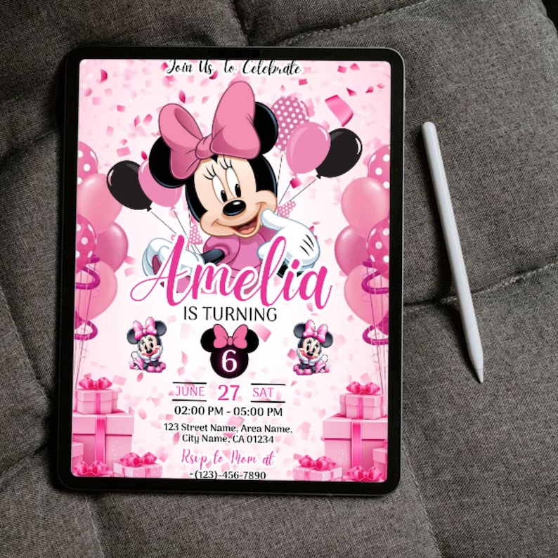 Editable Minnie Mouse Birthday Invitation, Pink Girl Party Invite, Kids Birthday Invite, Minnie Mouse Birthday, Six Birthday, Canva Editable