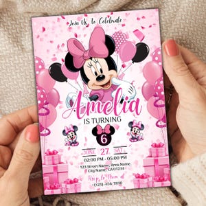 Editable Minnie Mouse Birthday Invitation, Pink Girl Party Invite, Kids Birthday Invite, Minnie Mouse Birthday, Six Birthday, Canva Editable