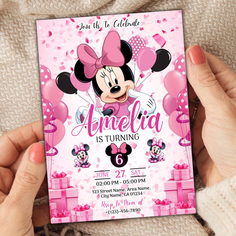 Editable Minnie Mouse Birthday Invitation, Pink Girl Party Invite, Kids Birthday Invite, Minnie Mouse Birthday, Six Birthday, Canva Editable