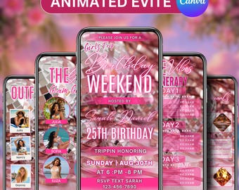 Digital Birthday Weekend Invitation, Birthday Weekend Party Itinerary, Travel Itinerary invite, Rose Pink Miami Vacation Schedule Trip Evite