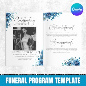 May include: A funeral programme template featuring blue floral accents, the text Celebrating the life of, Alexa Beth John, September 14, 1975 - August 16, 2024, and a black and white photograph of a person in a strapless dress, with Acknowledgement and Arrangements text.